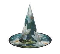 LRHCNZDCP Lot de 3 chapeaux de sorcière d'Halloween imprimés de fleurs de lotus blanches pour femmes et hommes, fêtes festives, cosplay, accessoires d'Halloween