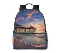 LRHCNZDCP Sac à dos d'école imprimé marbre bleu sarcelle et doré pour ordinateur portable, sac à dos élégant et léger pour enfants, garçons et filles, Coucher de soleil sur le pont de plage, One Size