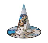 LRHCNZDCP Santorini Lot de 3 chapeaux de sorcière imprimés sur l'île grecque avec vue sur la mer pour homme et femme pour fêtes festives, cosplay, accessoires d'Halloween