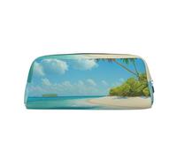 LRHCNZDCP Trousse à crayons en cuir avec fermeture éclair dorée - Motif île avec plage de sable et palmier - Pour adolescentes, garçons, hommes et femmes, Argenté., One Size, Cartable