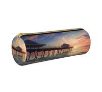 LRHCNZDCP Trousse à crayons en cuir imprimé coucher de soleil sur le pont de plage - Fermeture éclair ronde mignonne trousse à crayons pour l'école et le bureau, blanc, Taille unique, Cartable