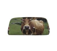 LRHCNZDCP Trousse à crayons en cuir véritable de vache suisse marron avec fermeture éclair dorée pour adolescents, filles, garçons, hommes, femmes, doré, One Size, Cartable