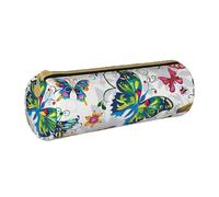 LRHCNZDCP Trousse à crayons ronde en cuir avec motif floral et papillons colorés avec fermeture éclair pour l'école et le bureau, blanc, Taille unique, Cartable