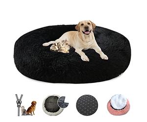 LRHRHR Panier pour Chien Dehoussable, Coussin Chien Anti Stress Lit Moelleux Apaisant Chat Lavable, Coussin Donut pour Chats et Chiens- Black||Ø40cm/16in
