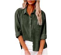 LRMQS Chemises boutonnées pour femme en gaze de coton à manches longues et col grande taille 2025 hauts d'été en lin, Vert militaire #1., Taille 3XL
