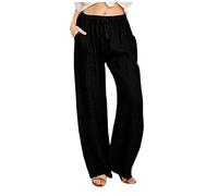 LRMQS Pantalon décontracté tendance 2024 avec cordon de serrage pour femme - Coupe ample - En lin - Jambe large - Tenue palazzo, Noir #9., Taille L