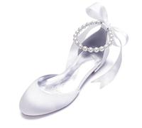 LRMYMHY Ballerines À Bout Rond avec Ruban Et Perles pour Femmes Confortables Talon Bas pour Mariée Soirée Travail Chaussures De Mariage,Blanc,42 EU
