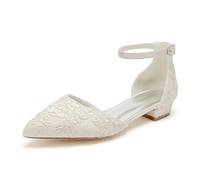 LRMYMHY Ballerines De Mariage en Dentelle Pointue pour Femmes Chaussures À Sangles De Cheville Talons Bas Ballerines De Mariée,Champagne,36 EU