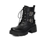 LRMYMHY Bottes de Combat pour Femmes, Vintage, à Plateforme, lacées, Style Moto avec Fermeture éclair sur Le côté,Noir,44 EU