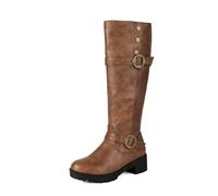 LRMYMHY Bottes Hautes Femme Jusqu'au Genou À Bout Rond Talon Bas Bottes D'équitation Combat avec Fermeture Éclair sur Le Côté pour L'automne Et l'hiver,Marron,34 EU