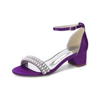 LRMYMHY Chaussures De Mariage en Satin pour Femmes À Bout Ouvert Sandales À Talon Bas en Perle Bride À La Cheville Chaussures De Mariée,Violet,42 EU