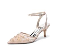 LRMYMHY Chaussures de mariée en Dentelle pour Femmes, Bout Pointu, Talons Kitten 2,36 Pouces, Bride à la Cheville, Escarpins de mariée avec Perles pour mariée ou Demoiselle d'honneur,Champagne,37 EU