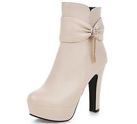 Lroey Reoly Bottines à Talon Bloc Femme, Bottes Habillées Elegant Zip Bottes Courtes Talons Hauts Bout Rond Bowknot avec Plateforme Bottines 392 Beige Taille 37 EU
