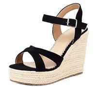 Lroey Reoly Espadrille à Talon Haut Femme, Sandales Bout Ouvert Elegant Compensées Chaussures Habillées avec Plateforme Boucle Bride Cheville 197 Noir Taille 34 EU