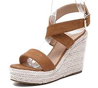 Lroey Reoly Espadrille à Talon Haut Femme, Sandales Bout Ouvert Elegant Compensées Chaussures Habillées avec Plateforme Boucle Criss Cross Strap 203 Camel Taille 38 EU
