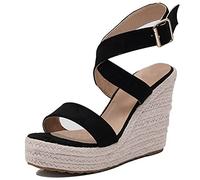 Lroey Reoly Espadrille à Talon Haut Femme, Sandales Bout Ouvert Elegant Compensées Chaussures Habillées avec Plateforme Boucle Criss Cross Strap 203 Noir Taille 34 EU