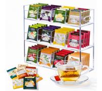 Lrqmte Boite a The Compartiments en Acrylique, 3 Niveaux, pour 216 Sachets | Transparente Boîtes et Coffrets à Thé et Café, 12 Tiroirs, Coffret Thé pour Plan de Travail et Armoire de Cuisine