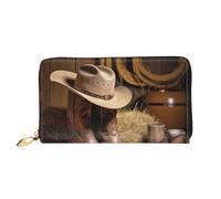 Lrtyuasq 4th of July Portefeuille en cuir imprimé drapeau américain avec 12 porte-cartes de crédit et 3 pinces à billets - Long sac à main pour chéquier, cartes de crédit, Chapeau de cowboy Western
