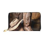 Lrtyuasq 4th of July Portefeuille en cuir imprimé drapeau américain avec 12 porte-cartes de crédit et 3 pinces à billets - Long sac à main pour chéquier, cartes de crédit, Bottes western de cowboy