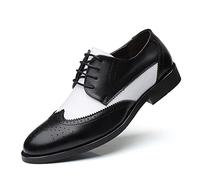 LRUII Robe Oxford pour Hommes à Lacets Bicolores Bout d'aile Chaussures Derby Noires et Blanches en Cuir PU Talon Bloc antidérapant Mariage