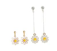 LRXIYODE 2 paires Boucles Oreilles Fleurs Marguerite Forme de Petite Fleur Bijoux Oreille Élégants et Durables pour Femmes Style Long et Court Cadeau Fête des Mères et