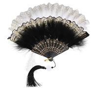 LRXIYODE 2 Pièces Éventail à Plumes Pliant Accessoire de Danse Décoration pour Mariage Photographie et Fête avec Pendentifs et Noir