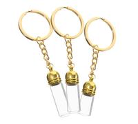 LRXIYODE 3 Pièces Bouteilles Verre Transparentes Porte Clés avec Capsules Acryliques Dorées Flacons Rechargeables pour Huiles Essentielles Décorations Suspendues Multifonctions pour Voyage