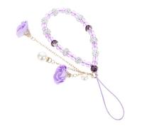 LRXIYODE Dragonne pour Téléphone Portable Perlée avec Pendentif Cristal Fleur, Bracelet Créatif pour Femmes, Cordon Fait Maison en Perles, Accessoire Décoratif Violet, Court et Élégant