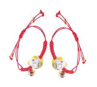 LRXIYODE Lot de 2 Bracelets Tressés Main en Ficelle Japonaise Jaune, Ajustables avec Breloque Chat Maneki Neko et Clochette, Bracelets à Breloques pour Couple et Amis, Accessoires Mode