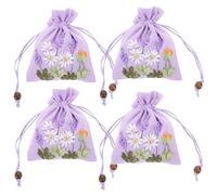 LRXIYODE Lot de 4 Pochettes à Cordon en Lin Brodé Lavande Violet 11x14 Cm, Mini Sachets Porte-monnaie Décoratifs pour Bijoux et Présents de Mariage, Sachets Parfumés DIY pour Rangement