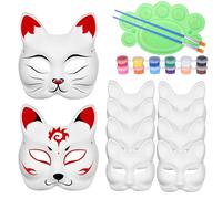 LRXIYODE Masques de Renard à Décorer Diy, 10 Pièces en Papier Vierge Léger avec 12 Couleurs de Peinture 2 Ml, 2 Pinceaux Inclus, Palette Pied de Bébé, Kit Créatif pour Couleur Aléatoire