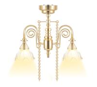 LRXIYODE Miniature Lampe Suspension Dorée Double Tête Floral pour Maison de Poupée Éclairage Fonctionnel Accessoire Mobilier Miniature Décoratif pour Modèles Réduits