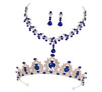 LRXIYODE Parure de Mariage Femme Diadème Couronne Bleu et Or Collier et Boucles D’Oreilles en Cristal Accessoires Élégants pour Mariée Bijoux de Mariage et Cérémonie