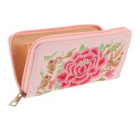 LRXIYODE Portefeuille Femme à Fleurs Brodé Ethnique Polyuréthane et Tissu, Zippé Sécurisé, pour Femme, Usage Quotidien et Voyage, Grand Format Rose Pâle