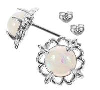 LRXIYODE Puces d'Oreilles Rondes en Pierre d'Opale Blanche Fermoir Quatre Griffes Plaqué Blanc 1 Paire Bijoux Délicats pour Femmes Boucles d'Oreilles Mode Élégantes Usage Quotidien