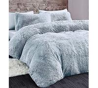 LS Home Laura Secret - Parure de lit en fausse fourrure à poils longs avec housse de couette et taie d'oreiller (argenté, 2 places)