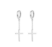 LSE316 Boucles d'oreilles créoles en argent sterling S925 poli avec croix crucifix pour hommes, femmes et filles, en argent sterling, oxyde de zirconium