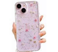 LSEEKA Coque transparente pour iPhone 15/iPhone 14/iPhone 13 avec motif de vraies fleurs pressées, paillettes joli motif floral rose en TPU souple pour femmes et filles Coque de protection pour iPhone