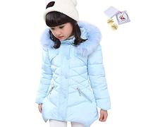 LSERVER Doudoune Filles Manteau Hiver Epaisse Chaud Blouson Enfant Veste à Capuche Fausse Fourrure, Bleu, 9-10 Ans / 140