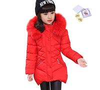 LSERVER Doudoune Filles Manteau Hiver Epaisse Chaud Blouson Enfant Veste à Capuche Fausse Fourrure, Rouge, 4-5 Ans / 110