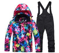 LSERVER Enfant Combinaison de Ski avec Salopette Veste de Ski Manteau Matelassée Imperméable à la Neige Snowsuit, Haut coloré + Pantalon Noir, 14-16 Ans/XXL