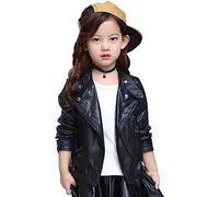 LSERVER Enfant Filles Blouson en Simili Cuir Vest Automne Manteau Jackets, Noir A, 9-10 ans / 140