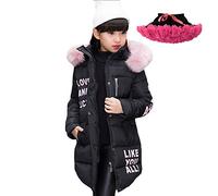 LSERVER Filles Manteau Hiver Epaisse Chaude Mi Longue Veste à Capuche Grande Fourrure Blouson Manches Longues Parka Rembourré, Noir,7-8 Ans