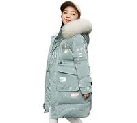LSERVER Veste Fille avec Fourrure Col Capuche Mode Imprimé Non Lavable Manteau Enfant Coupe-vent Chaud Blouson Hiver Longs Epais Vêtements pour Âge 6-16 Ans, Vert, 9-10 ans