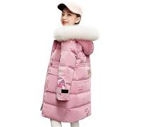 LSERVER Veste Fille avec Fourrure Col Capuche Mode Imprimé Non Lavable Manteau Enfant Coupe-vent Chaud Blouson Hiver Longs Epais Vêtements pour Âge 6-16 Ans, Rose, 12-16 ans