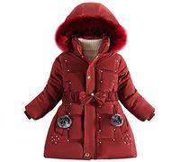 LSERVER Vêtements Fille Polaire Epaisse Doudoune avec Fourrure Col Capuche Mode Tunique Manteau Enfants Coupe-vent Chauds Veste pour Âge 5-13 Ans, Rouge, 120