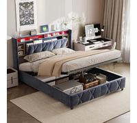 LSFYYDS Lit double avec conteneur 140x200, lit rembourré avec bande LED et mécanisme hydraulique, lit de coffre avec grand espace de rangement (140x200cm - d)