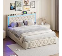 LSFYYDS Lit double rembourré 160 x 200 cm avec récipient, tête de lit illuminée à LED avec recharge USB, sommier à lattes en bois, revêtement en lin beige (sans matelas) (160 x 200 cm)