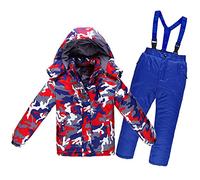 LSHDCER Combinaison de Ski Garçon Fille Imperméable Ensemble Hiver de Deux Pièces Veste de Ski Camouflée + Salopette Pantalons de Couelur Unie, Bleu Foncé, 4A/3-4 Ans