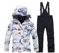 LSHDCER Combinaison Ski Enfant Épaisse Chaude Combinaison de Neige Garçon Fille Imperméable Ensemble Snowsuit 2pcs Coupe-Vent, Veste Blanche + Pantalon Noir, XL/10-11 Ans